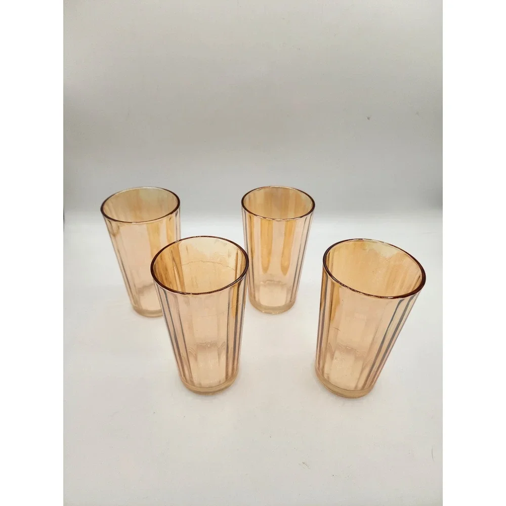 Vintage Carnival Iridescent Peach Lustre Ribbed Tumbler Glass Set 4